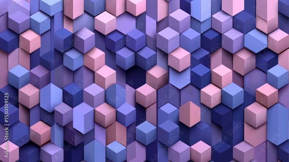 Poster Colorful image of pink and blue cubes arranged in a pattern. The image has a playful and whimsical mood, with the bright colors and the way the cubes are arranged creating a sense of movement