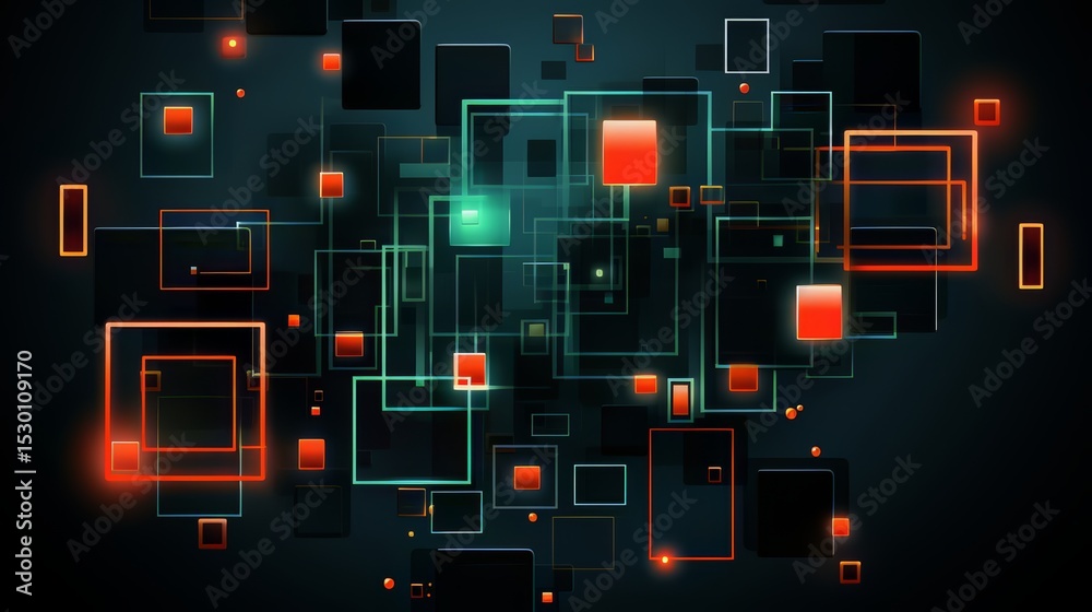 Poster Colorful image of squares and rectangles with red and green lights. The image is abstract and has a futuristic feel to it