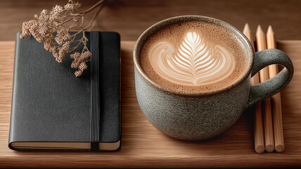 Ceramic latte mug crafted with elegant latte art, a closed black journal adorned with dried flowers and three wooden pencils. Generative AI
