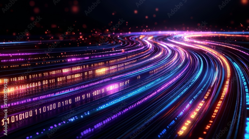 Poster Colorful line of numbers and letters that are all connected. The image has a futuristic and technological feel to it