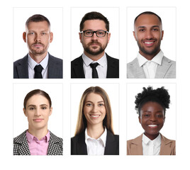 Photos of different people for passport or other identification document on white background, set