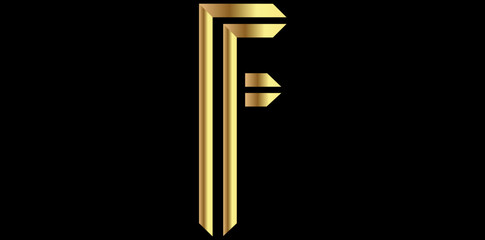 Golden Alphabet F Isolated On Black Background, Decorative Alphabet F Vector Illustration.	
