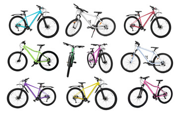 Obraz premium Different color bicycles on white background, collage