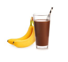 Tasty chocolate milk in glass and fresh banana fruits on white background