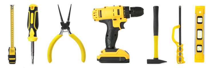 Different construction tools on white background, collage