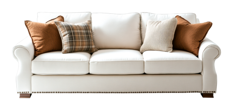 Modern white sofa with decorative pillows in cozy living room setup interior concept isolated on transparent background