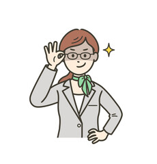 眼鏡を上げて悪巧みしてニヤける若い受付係の女性
