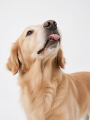 Golden Retriever dog licking its lips, looking up at the sky with a happy expression on a white background.