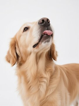 Golden Retriever dog licking its lips, looking up at the sky with a happy expression on a white background.