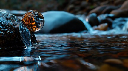 Water cascading over a stone, reflecting light.