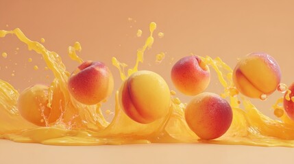 Fresh peaches and juice splash against warm background for healthy food