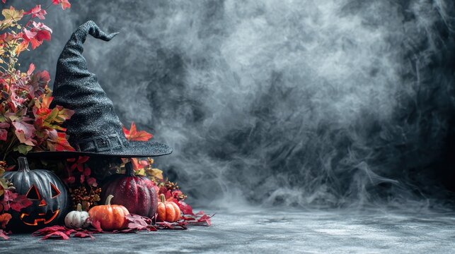 A witch's hat sits atop autumnal gourds and foliage, shrouded in mystical smoke against a dark backdrop. The scene evokes a Halloween or fall atmosphere - Powered by Adobe