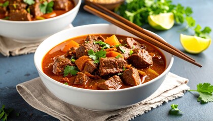 Delicious braised beef stew with potatoes and herbs served in white bowls