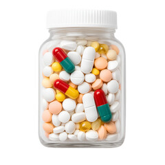 A clear plastic jar filled with colorful pills and capsules on a transparent background.
