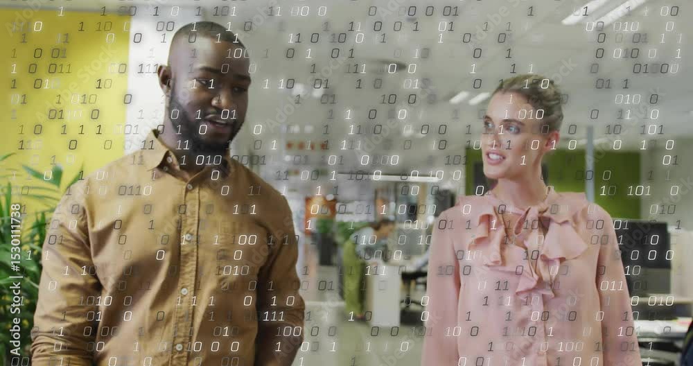 Poster colleagues glancing at smartphone and sparking binary code while walking discussing technology data