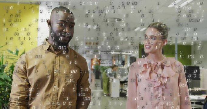 Colleagues glancing at smartphone and sparking binary code while walking discussing technology data