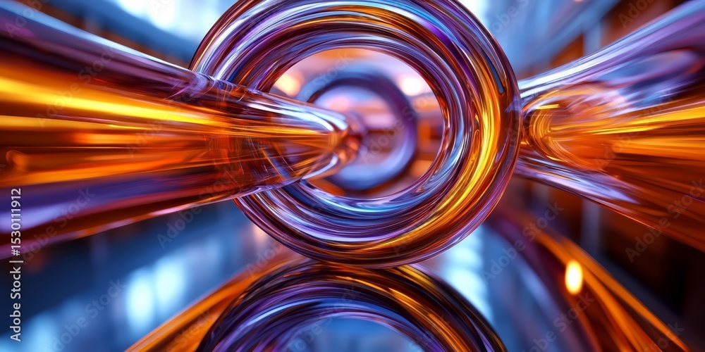 Poster colorful, abstract design of a spiral shape with a blue and orange hue. the design is made of glass 