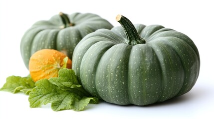 Studio shot featuring two green pumpkins and a small orange gourd on a white surface with lush, healthy green leaves.