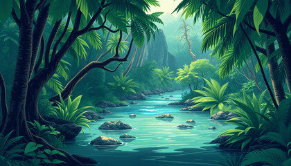 Tropical jungle landscape illustration with river, trees, and lush greenery in a calm natural scene.