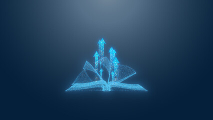 A holographic book with luminous arrows representing growth, knowledge, and innovation in a digital landscape.