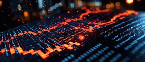 Abstract close-up of a complex digital circuit board glowing with vibrant orange and blue hues, set against a blurred city backdrop at night