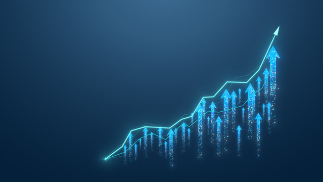 A futuristic graph showing an upward trend with glowing arrows, symbolizing growth and success in business or technology.