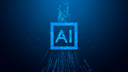 A digital representation of artificial intelligence, featuring a glowing blue 'AI' logo surrounded by flowing data streams in a futuristic setting.