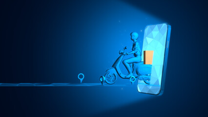 Futuristic Online Delivery Girl on Scooter Emerging from Smartphone with Digital Navigation, E-Commerce and Logistics Concept