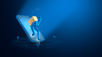 A digital illustration of a courier delivering a package using a smartphone interface in a dynamic modern setting.