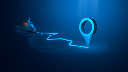 A digital representation of a delivery process with a mapped route and location pin indicating destination.