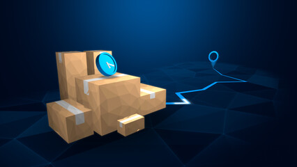 A digital representation of delivered packages with a tracking point on a blue background, symbolizing logistics and transport.