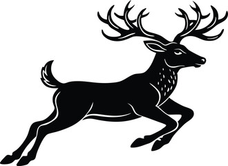 Running Deer Silhouette, Vector Illustration of Jumping Stag with Antlers