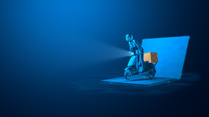 Futuristic Delivery Girl Riding Smart Scooter with Parcel in Digital World, Online Shopping and Logistics Concept in Cyber Technology
