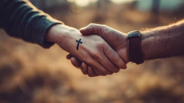 A person giving a helping hand to another, with a small cross visible on their wrist, representing the idea of practicing compassion in everyday actions.