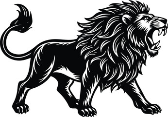 Roaring Lion Silhouette Vector, Ferocious Wild Animal Illustration with Detailed Mane