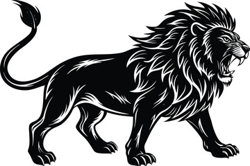 Roaring Lion Vector Illustration, Aggressive Black Lion Silhouette in Attack Stance