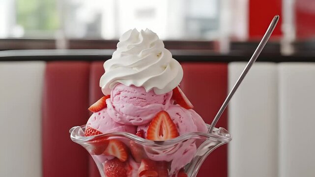 Strawberry sundae: scoops of pink ice cream with strawberries and whipped cream. Sweet dessert, retro diner, ice cream parlor for summer treats, celebrations, and food visuals.