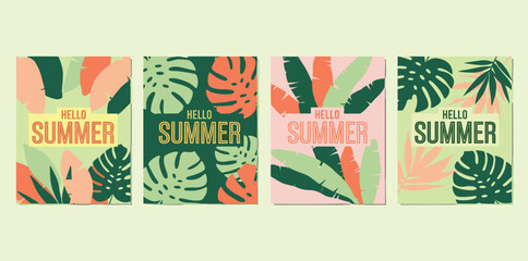 Obraz premium Creative concept of summer bright cards set with abstract tropical leaves. Modern art minimalist style design templates for celebration, ads, branding, banner, cover, label, poster