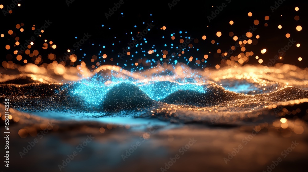 Poster Computer generated image of a blue and orange ocean with a lot of sparkles. Scene is dreamy and ethereal