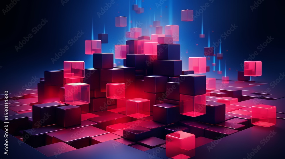 Poster Computer generated image of a city made up of red and black cubes. The image has a futuristic and abstract feel to it