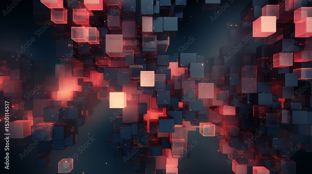 Poster Computer generated image of a space filled with red and blue cubes. The cubes are lit up with a bright yellow light, creating a sense of energy and excitement. The image is abstract