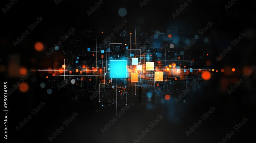 Poster Computer screen with a blue square in the middle. The square is surrounded by orange squares. The image has a futuristic feel to it