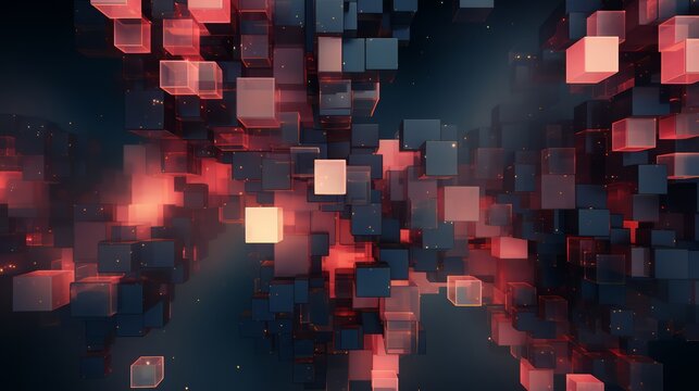 Computer generated image of a space filled with red and blue cubes. The cubes are lit up with a bright yellow light, creating a sense of energy and excitement. The image is abstract