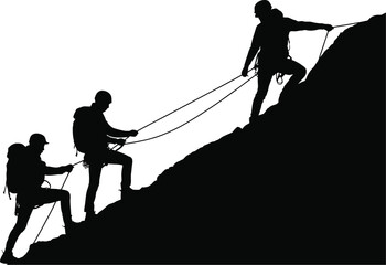 Silhouette of three climbers ascending a steep rock face with ropes visible