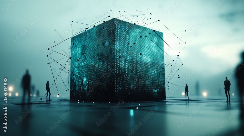 Poster Cube with a lot of lines and dots on it. There are four people in the background