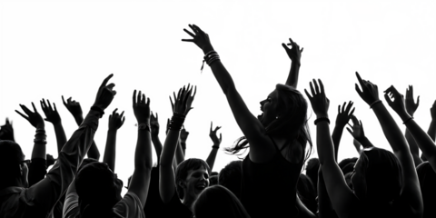 excited crowd with raised hands at concert isolated on a white - background - PNG. GENERATIVE AI