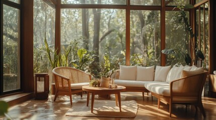Obraz premium A bright and airy living room with nature views inside