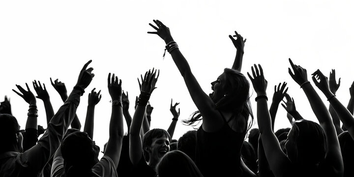 excited crowd with raised hands at concert isolated on a white - background - PNG. GENERATIVE AI