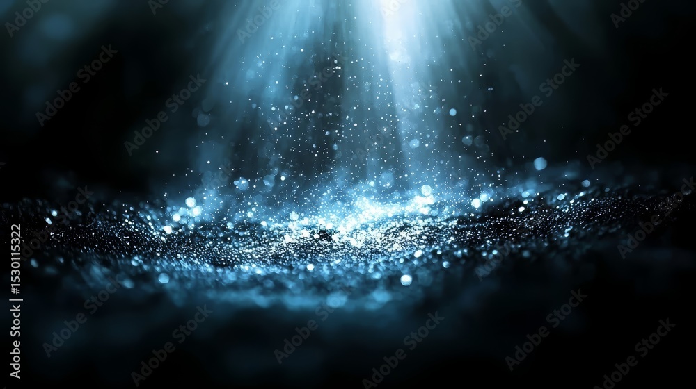 Poster Dark blue background with a bright blue light shining on it. The light is creating a sparkling effect on the ground