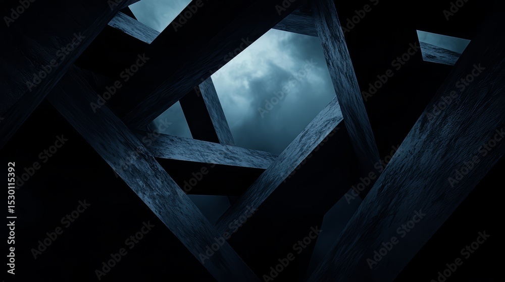 Poster Dark image of a building with a cloudy sky. Scene is mysterious and ominous